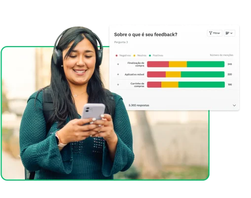 Mulher com fones de ouvido respondendo a uma pesquisa no telefone. Ao lado dela, a imagem de uma pesquisa com a pergunta “Sobre o que é seu feedback?” e um gráfico de barras representando o feedback.