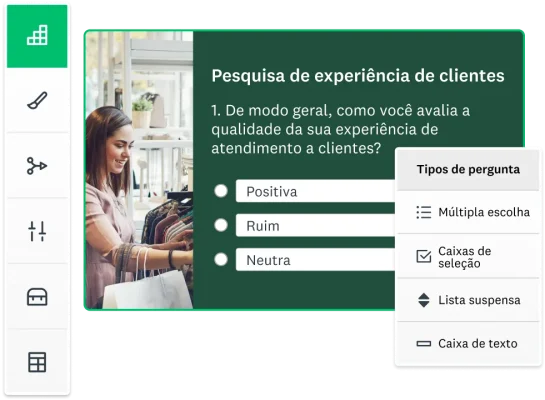 Pessoa trabalhando no computador ao lado de uma imagem das ferramentas de criação de pesquisa da SurveyMonkey.