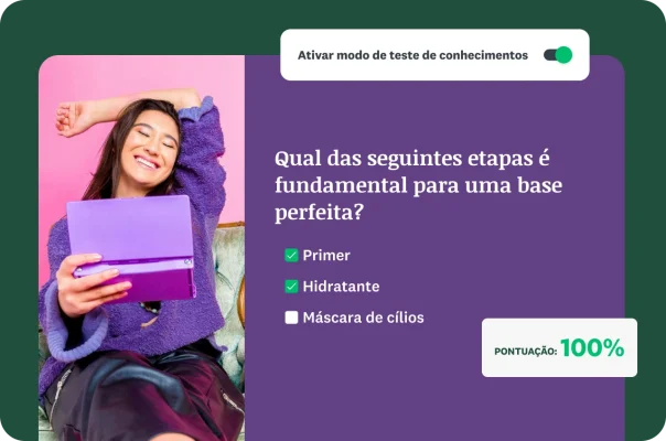 Mulher sorrindo com uma pergunta de um teste de conhecimentos de beleza no “Modo teste de conhecimentos” com a pontuação de 100%.