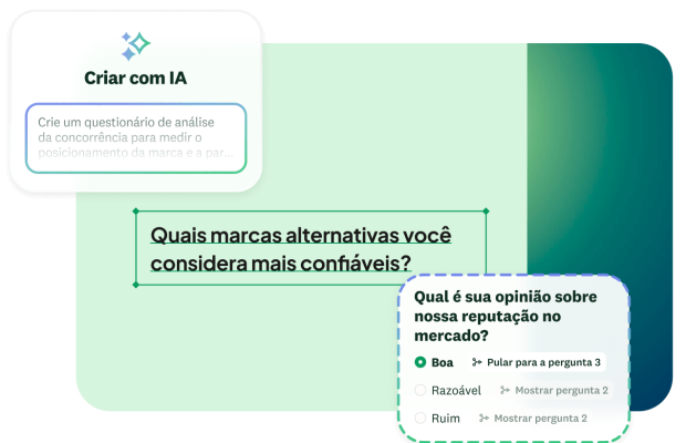 Interface do criador de questionários com prompt de IA e configuração de lógica de pergunta.