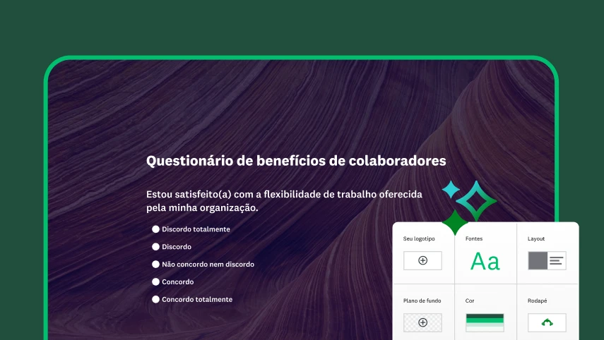 Imagem de pesquisa de benefícios de trabalho com controles de design de pesquisa ao lado, como editar cores, fontes e layout.