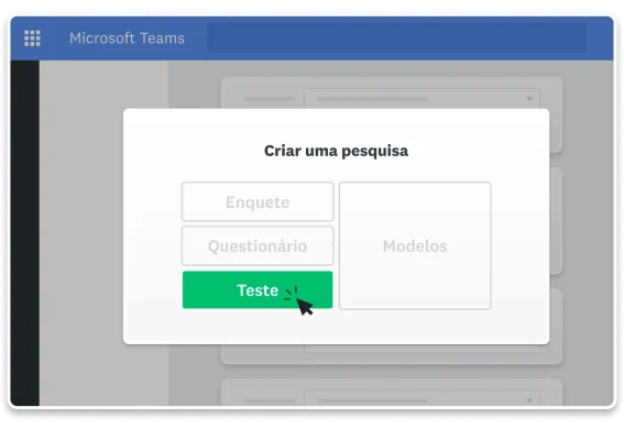 Imagem da função de criar uma enquente, uma pesquisa ou um teste pelo Microsoft Teams.