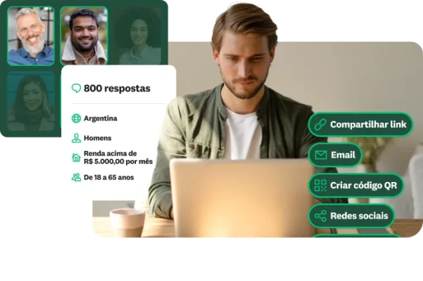 Homem trabalhando em um laptop com imagens sobrepostas mostrando o perfil demográfico dos respondentes-alvo e opções para compartilhar uma pesquisa por link, email, código QR ou redes sociais.