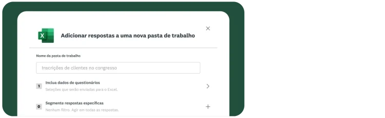 Janela pop-up intitulada “Adicionar respostas a uma nova pasta de trabalho” com o logotipo do Excel, um campo para o nome da pasta de trabalho “Inscrições de clientes no congresso” e as opções “Incluir dados da pesquisa” e “Aplicar a respostas específicas”.