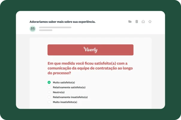 Visualização por email de um questionário de satisfação de candidato sobre a comunicação da equipe de contratação.