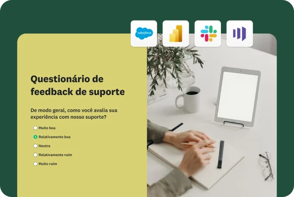 Modelo de questionário de feedback de suporte com a pergunta “De modo geral, como você avalia sua experiência com nosso suporte?”.