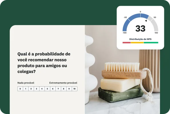 Imagem de duas barras de sabonete e uma escova de banho. À esquerda, a pergunta de questionário “Qual é a probabilidade de você recomendar nosso produto a amigos ou colegas?” com uma escala de avaliação de 0 a 10. No canto superior direito, uma pontuação do NPS de 33.