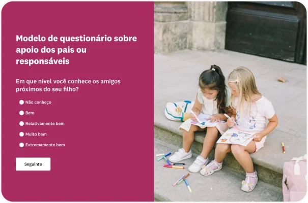Questionário sobre funções e deveres dos pais e responsáveis com a pergunta “Em que nível você conhece os amigos próximos do seu filho?”.