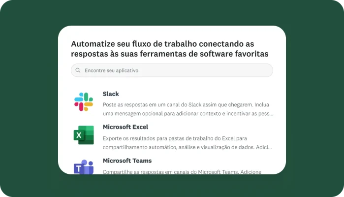 Imagem de várias integrações da SurveyMonkey, como Slack, Microsoft Excel e Microsoft Teams.