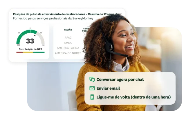 Mulher com fone de ouvido com microfone olhando para o computador, ao lado dos resultados de uma pesquisa de envolvimento de colaboradores do segundo trimestre, com NPS de 33.