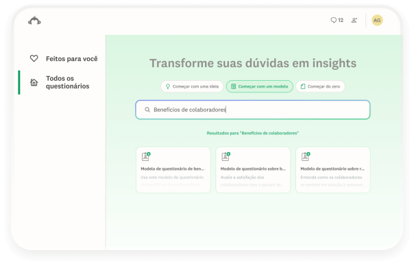 Interface da SurveyMonkey com o texto benefícios de colaboradores na busca.