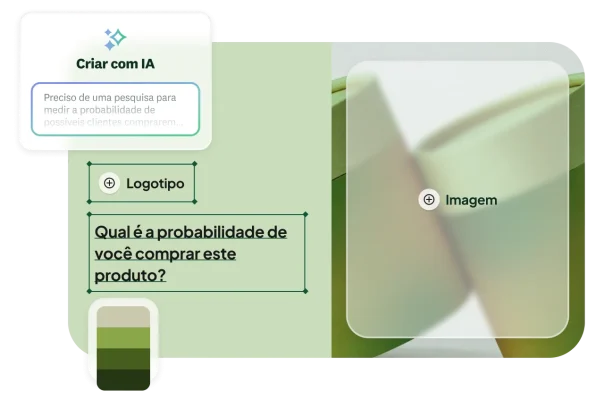 Criador de pesquisa com IA, preview de feedback de produto e opções de personalização.