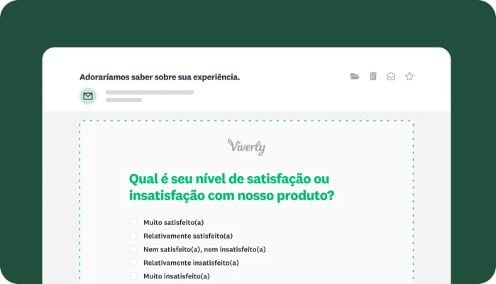 Tela de criação de questionário com a pergunta “Qual é seu nível de satisfação ou insatisfação com nosso produto?”.