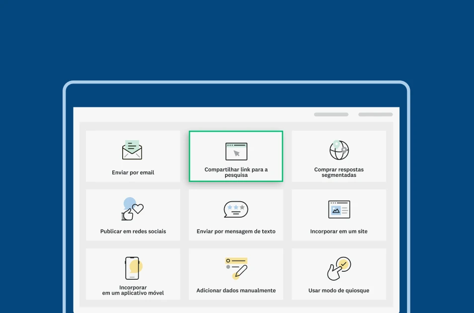 Imagem da tela de uma página da SurveyMonkey mostrando diferentes opções para compartilhar uma pesquisa