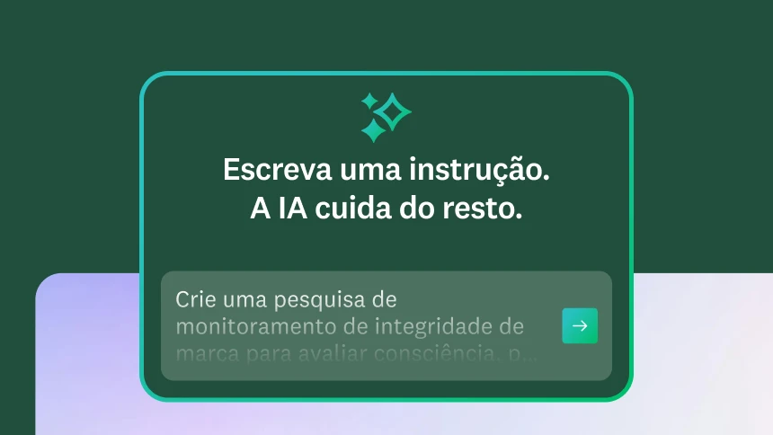 Janela modal dizendo para escrever uma instrução e deixar que a IA faça o resto, com uma instrução que diz para “criar um questionário de monitoramento de saúde da marca para medir consciência, percepção, consideração da marca e...”.
