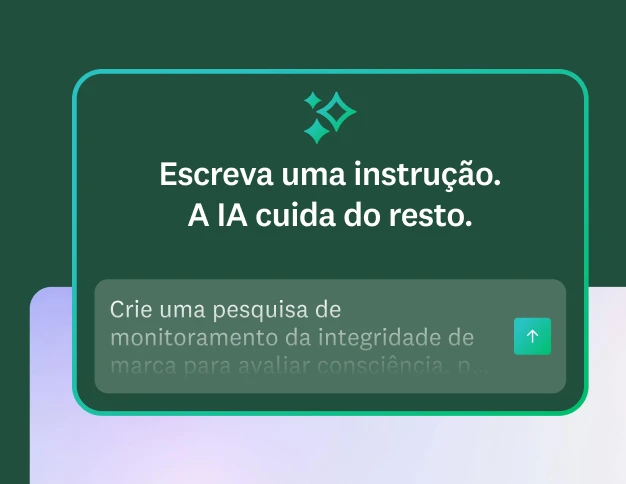 Imagem de uma caixa de texto com o título “Escreva uma instrução. A IA cuidará do resto.“ A imagem mostra uma instrução de exemplo: “Crie uma pesquisa de monitoramento da integridade de marca para medir consciência, percepção, consideração e…”.