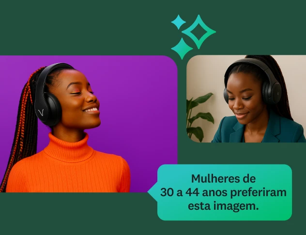 Duas imagens de uma mulher com fones de ouvido. A primeira a mostra com um sorriso sereno em um fundo roxo, e a segunda a mostra olhando para um laptop.  Uma caixa de texto diz “mulheres de 30 a 44 anos preferem esta imagem”, indicando um insight de perfil demográfico.