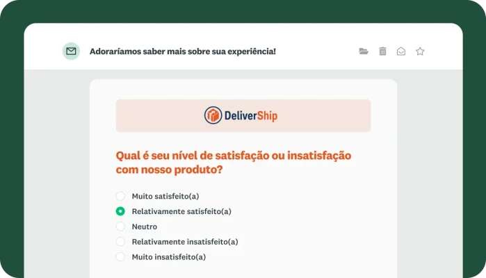 Visualização de um email mostrando uma pesquisa de satisfação com um produto da DeliverShip incorporado na mensagem.
