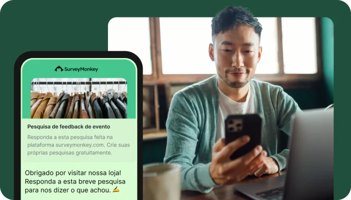Homem olhando para o telefone com um pop-up de pesquisa da SurveyMonkey de feedback de evento na tela.