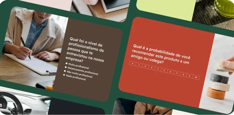 Uma colagem de vários modelos de questionário. Um deles mostra uma pergunta sobre o profissionalismo do recrutador e outro pergunta qual é a probabilidade de alguém recomendar um produto.