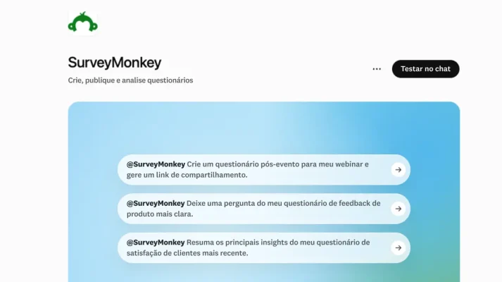 Interface de integração da SurveyMonkey com o ChatGPT, com exemplos de instruções para criar, editar e resumir questionários com IA.