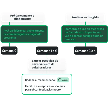 Roadmap do programa de envolvimento dos colaboradores mostrando o cronograma de etapas da semana 0 à semana 4 para pré-lançamento da pesquisa, alinhamento e primeiros insights de dados.