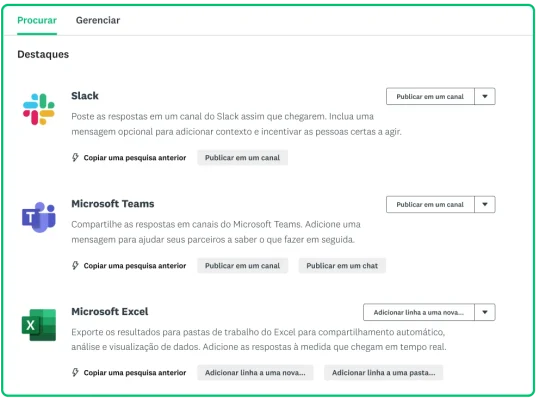 Imagem da SurveyMonkey com três aplicativos disponíveis no Vincular: o Slack, o Microsoft Teams e o Microsoft Excel.