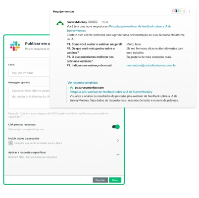 Imagem da SurveyMonkey mostrando respostas sendo compartilhadas em um canal do Slack usando o SurveyMonkey Vincular.