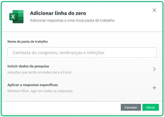 Imagem da SurveyMonkey mostrando como adicionar uma linha a uma pasta de trabalho do Excel pelo aplicativo do SurveyMonkey Vincular.