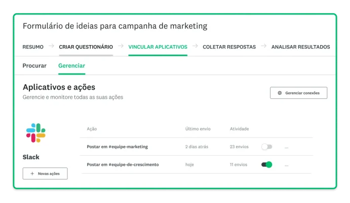 Imagem da SurveyMonkey com o aplicativo do Slack disponível pelo Vincular.