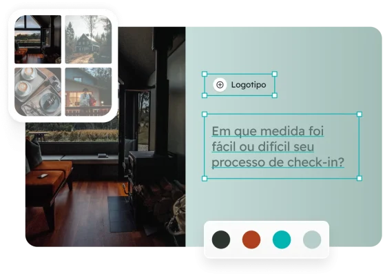 Foto do interior de uma cabana com uma imagem sobreposta mostrando as opções de design do questionário (logotipo, colagem de imagens e paleta de cores) e uma pergunta sobre o processo de check-in.