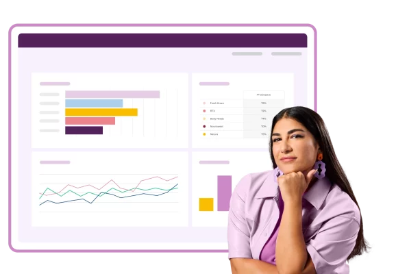 Mulher com fisionomia pensativa ao lado de uma imagem da tela dos resultados de uma pesquisa da SurveyMonkey mostrando um gráfico de barras e um gráfico de linhas