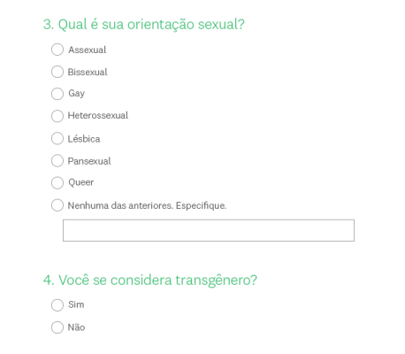 Imagem da tela de duas perguntas: qual é sua orientação sexual? Você se considera transgênero?