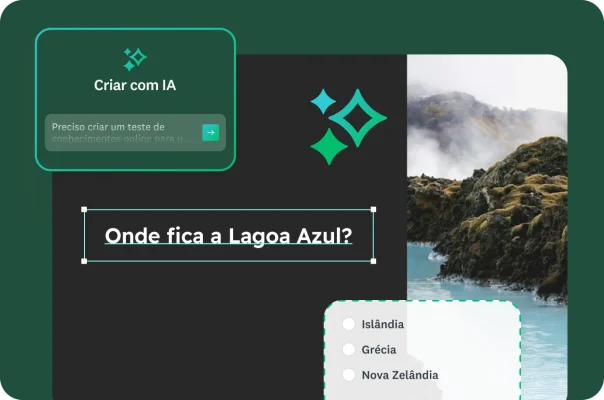 Uma foto da Lagoa Azul com uma pergunta de um teste de conhecimentos de viagem e uma instrução para a IA para criar o teste.