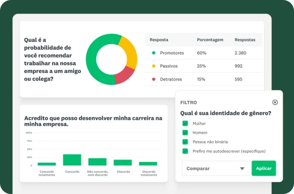 Gráficos e tabelas mostrando os resultados de várias perguntas sobre a experiência dos colaboradores ao trabalhar na empresa.