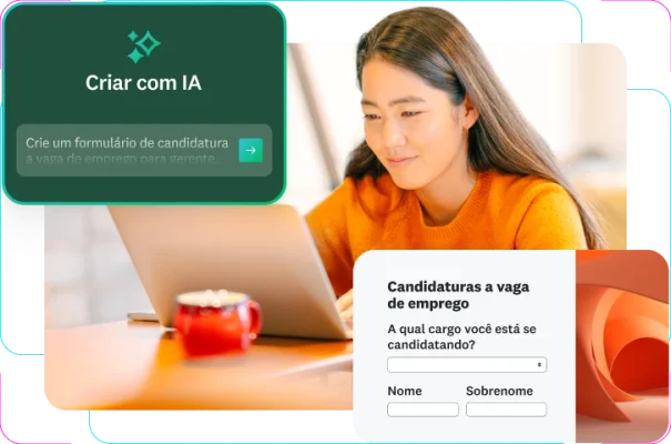 Mulher sorrindo e usando seu laptop com uma imagem sobreposta de formulário de candidatura a vaga de emprego e uma instrução para a IA.