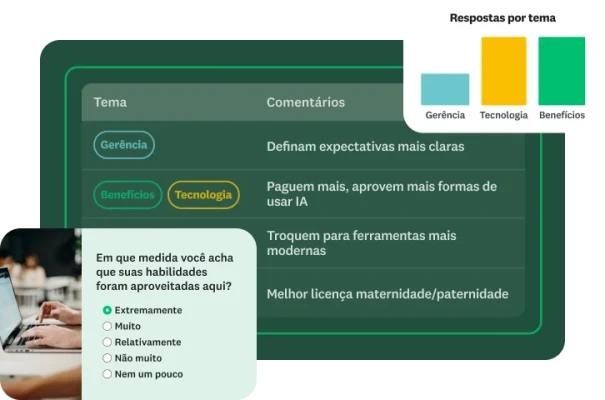Pessoa digitando em um laptop com imagens sobrepostas mostrando uma pergunta e respostas tematizadas.