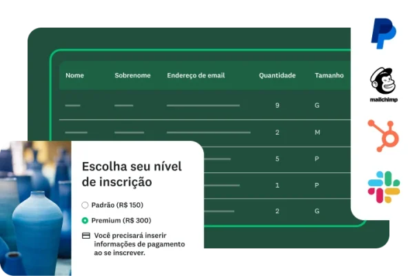Tela mostrando opções de inscrição em evento, uma tabela de dados de visitantes e logotipos de integrações.