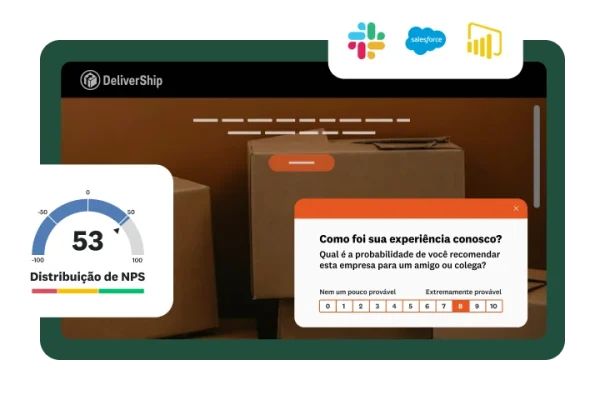 Imagem do site da DeliverShip com caixas de papelão no plano de fundo, uma pesquisa de feedback de clientes, um gráfico mostrando dados de NPS e logotipos de integrações com aplicativos externos.