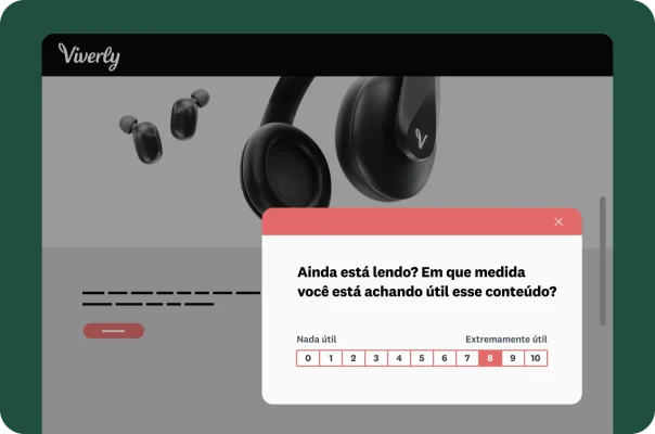 Uma página do site de fones de ouvido da Viverly com um questionário de pop-up perguntando sobre o nível de utilidade do conteúdo.