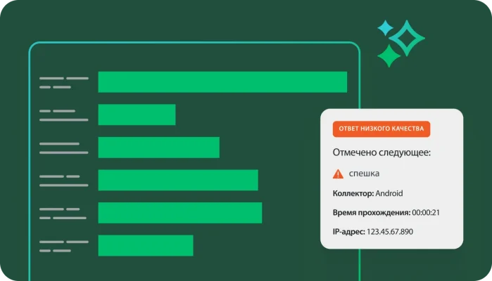 Графика с гистограммой. Наложенное изображение с предупреждением «ОТВЕТ НИЗКОГО КАЧЕСТВА», пометкой «спешка» и такими сведениями, как коллектор, время прохождения и IP-адрес.