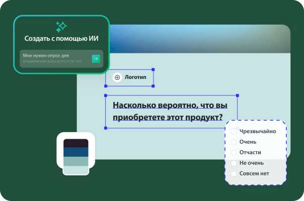 Пользовательский интерфейс для создания опросов с помощью ИИ. Текстовое поле, в котором предлагается создать опрос для «измерения вероятности того, что клиенты» приобретут товар. Форма опроса с вопросом «Насколько вероятно, что вы приобретете этот товар?» и пятибалльной шкалой.