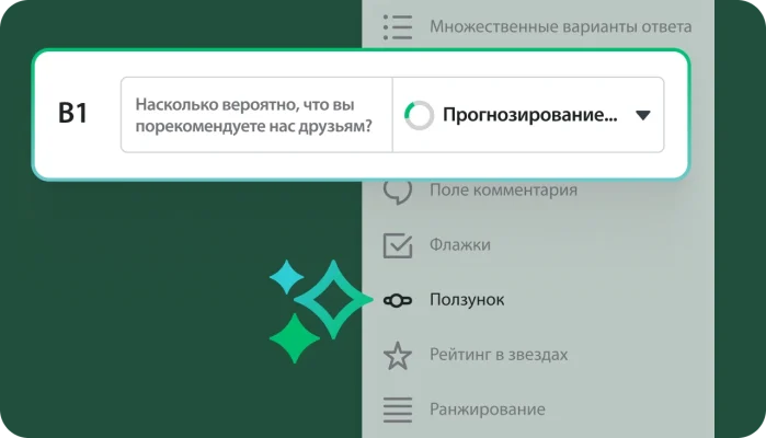 Вопрос «Насколько вероятно, что вы порекомендуете нас друзьям?» В боковом меню показаны различные типы вопросов, такие как «Множественные варианты ответа», «Флажки» и «Ползунок». Анимированный значок загрузки с надписью «Прогнозирование...»