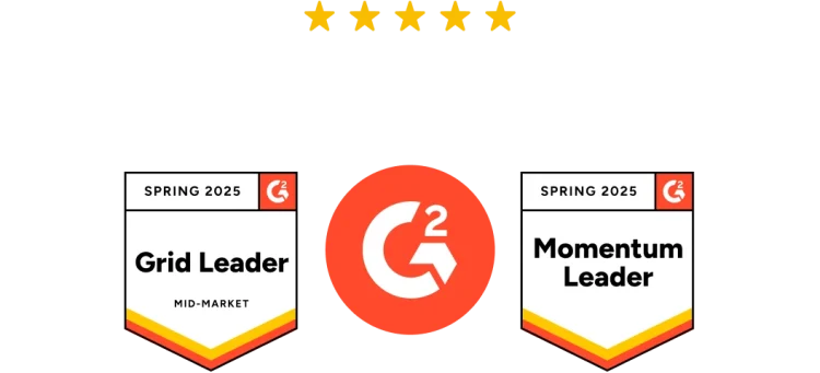 Отзыв на платформе G2 с 5 звездами и значками наград за лидерство в двух категориях за весну 2025 года.