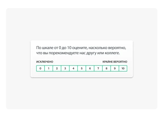 Вопрос Net Promoter Score (NPS): «По шкале от 0 до 10 оцените, насколько вероятно, что вы порекомендуете нас другу или коллеге».