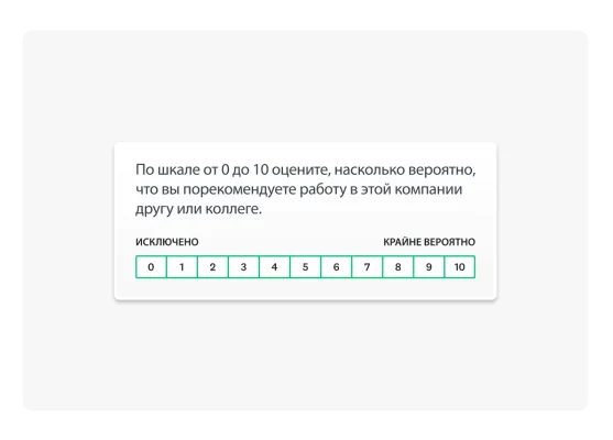 Вопрос для определения Net Promoter Score (NPS) сотрудников: «По шкале от 0 до 10 оцените, насколько вероятно, что вы порекомендуете работу в этой компании другу или коллеге».