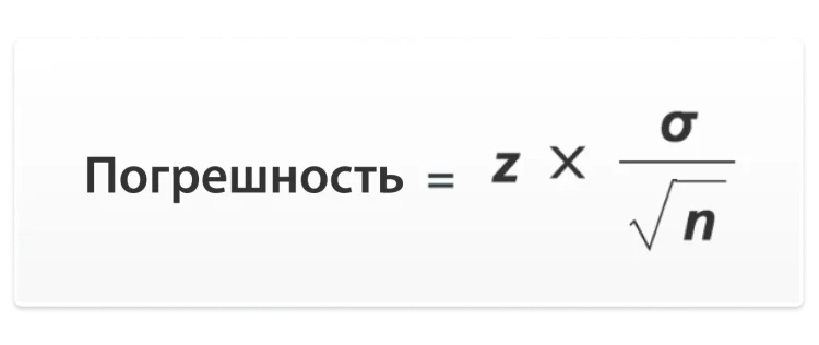 Формула погрешности равна z-показателю, умноженному на среднеквадратичное отклонение и поделенному на квадратный корень размера выборки