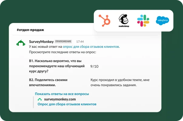 Уведомление в приложении Slack, где указано, что получен новый ответ на опрос, оценка рекомендации и логотипы интеграций.