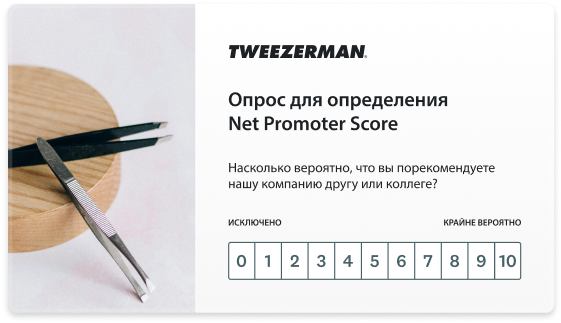 Опрос Tweezerman, содержащий NPS-вопрос: «Насколько вероятно, что вы порекомендуете нашу компанию?».