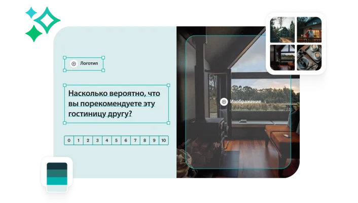 Интерфейс опроса для гостиницы со следующим вопросом: «Насколько вероятно, что вы порекомендуете нашу гостиницу другу?» и шкалой от 0 до 10. Также виден образец изображения и небольшой коллаж с фотографиями из гостиницы.